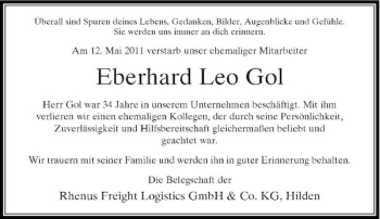 Traueranzeige von Eberhard Leo Gol von Rheinische Post