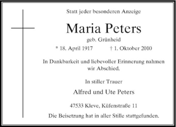 Traueranzeige von Maria Peters von Rheinische Post