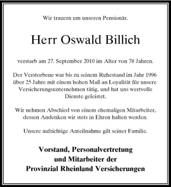 Traueranzeige von Herr Oswald Billich von Rheinische Post