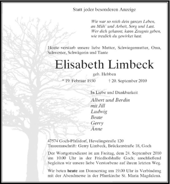 Traueranzeige von Elisabeth Limbeck von Rheinische Post