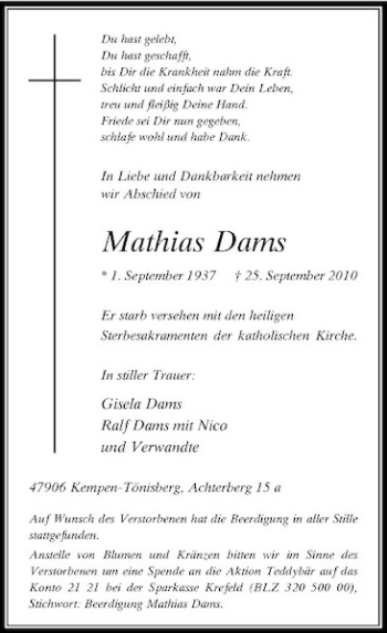 Traueranzeige von Mathias Dams von Rheinische Post