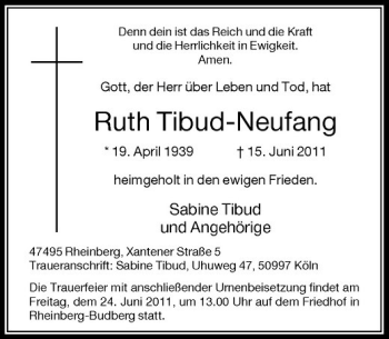 Traueranzeige von Ruth Tibud-Neufang von Rheinische Post