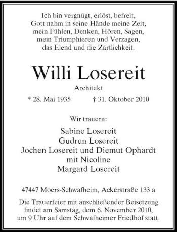 Traueranzeige von Willi Losereit von Rheinische Post
