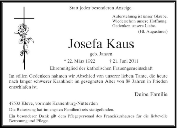 Traueranzeige von Josefa Kaus von Rheinische Post