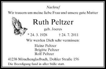 Traueranzeige von Ruth Peltzer von Rheinische Post