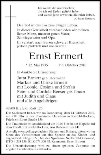 Traueranzeige von Ernst Ermert von Rheinische Post
