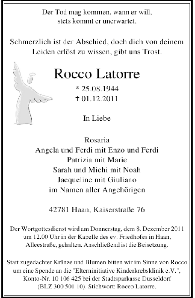  Traueranzeige für Rocco Latorre vom 05.12.2011 aus Rheinische Post