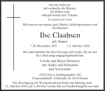 Traueranzeige von Ilse Claahsen von Rheinische Post