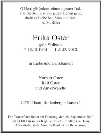 Traueranzeige von Erika Oster von Rheinische Post