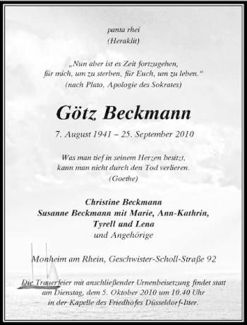 Traueranzeige von Götz Beckmann von Rheinische Post