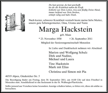 Traueranzeige von Marga Hackstein von Rheinische Post