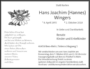 Traueranzeige von Hans Joachim (Hannes) Wingers von Rheinische Post