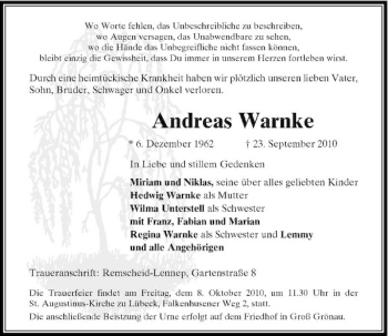 Traueranzeige von Andreas Warnke von Rheinische Post