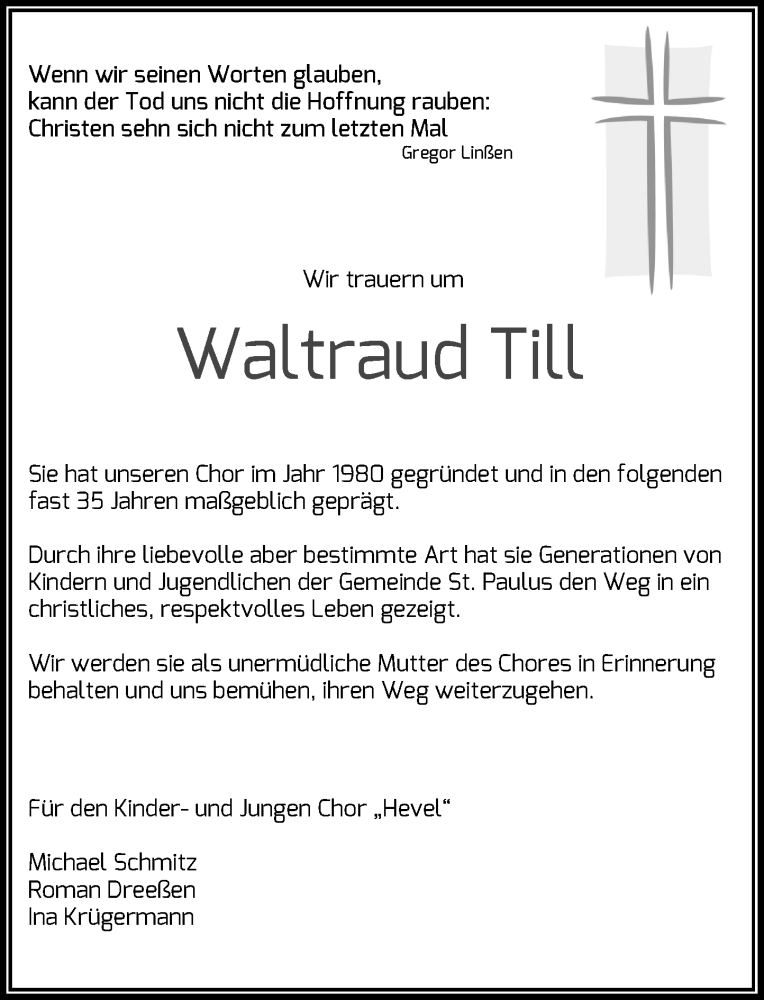  Traueranzeige für Waltraud Till vom 06.07.2015 aus Rheinische Post