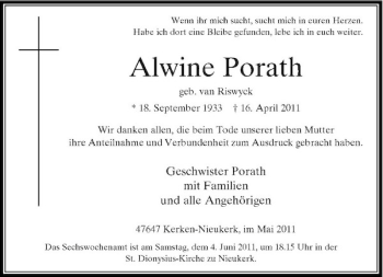 Traueranzeige von Alwine Porath von Rheinische Post