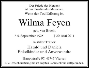 Traueranzeige von Wilma Feyen von Rheinische Post