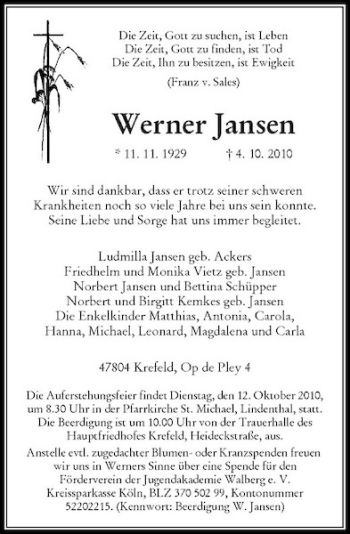 Traueranzeige von Werner Jansen von Rheinische Post