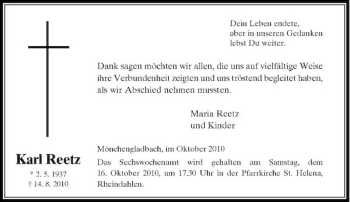 Traueranzeige von Karl Reetz von Rheinische Post
