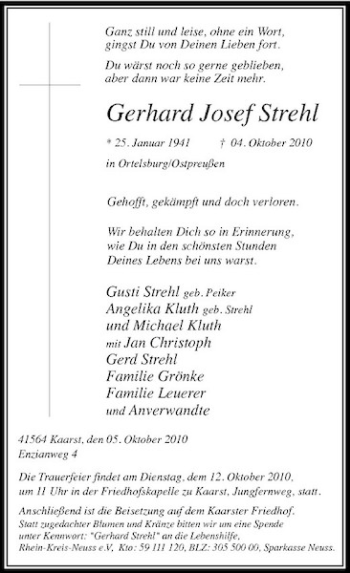 Traueranzeige von Gerhard Josef Strehl von Rheinische Post