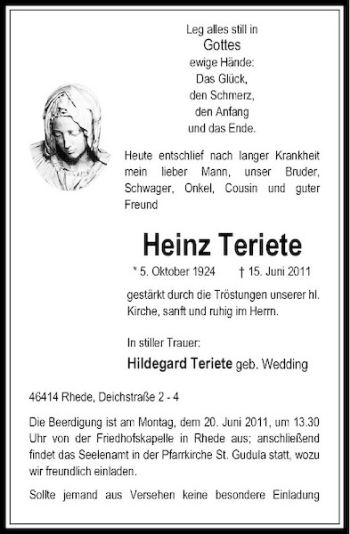 Traueranzeige von Heinz Teriete von Rheinische Post