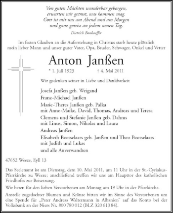 Traueranzeige von Anton Janßen von Rheinische Post