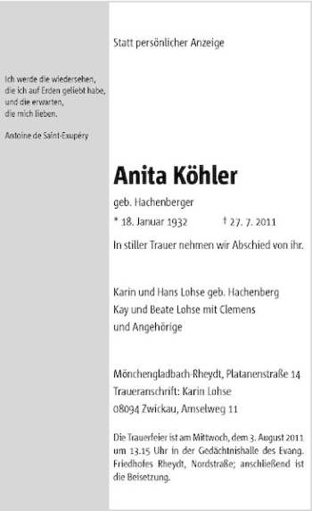 Traueranzeige von Anita Köhler von Rheinische Post