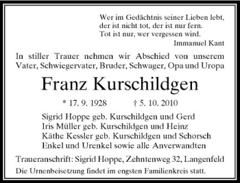 Traueranzeige von Franz Kurschildgen von Rheinische Post