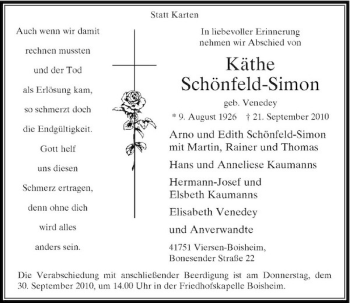 Traueranzeige von Käthe Schönfeld-Simon von Rheinische Post