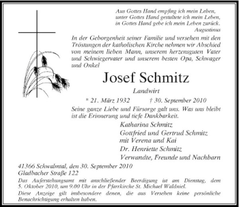 Traueranzeige von Josef Schmitz von Rheinische Post