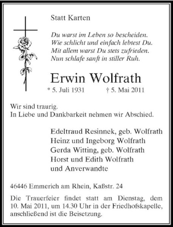 Traueranzeige von Erwin Wolfrath von Rheinische Post