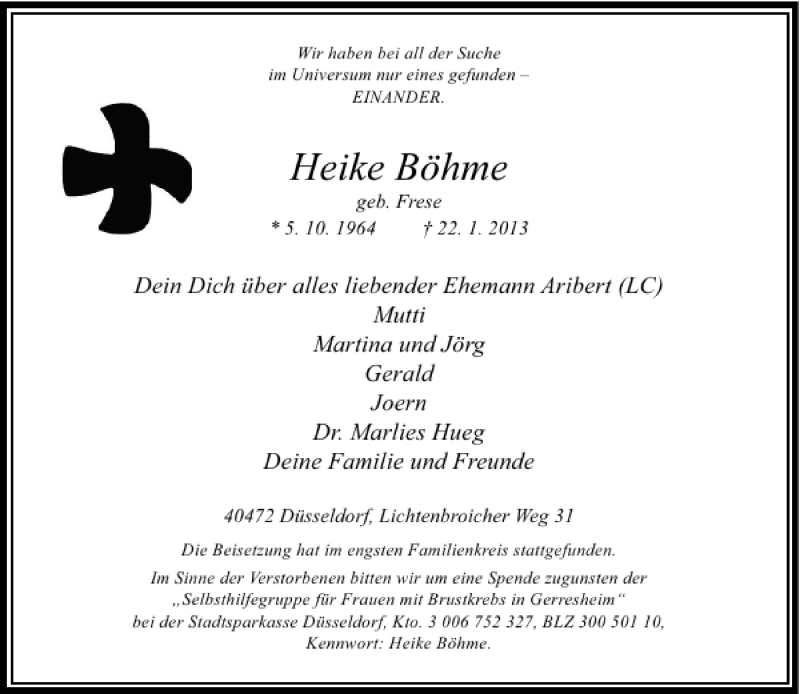  Traueranzeige für Heike Böhme vom 02.02.2013 aus Rheinische Post