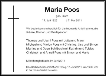 Traueranzeige von Maria Poos von Rheinische Post
