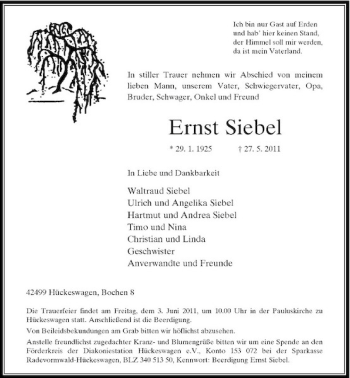 Traueranzeige von Ernst Siebel von Rheinische Post