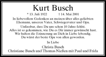 Traueranzeige von Kurt Busch von Rheinische Post