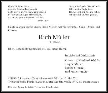 Traueranzeige von Ruth Müller von Rheinische Post