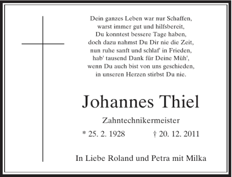  Traueranzeige für Johannes Thiel vom 24.12.2011 aus Rheinische Post