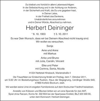 Traueranzeige von Herbert Deininger von Rheinische Post