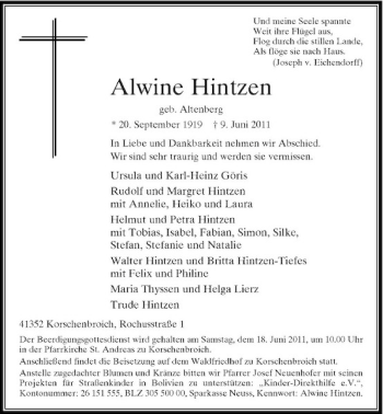 Traueranzeige von Alwine Hintzen von Rheinische Post