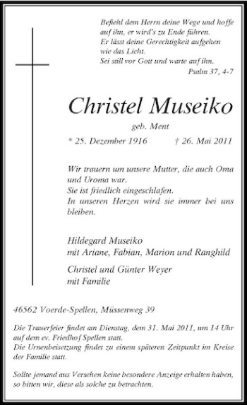 Traueranzeige von Christel Museiko von Rheinische Post