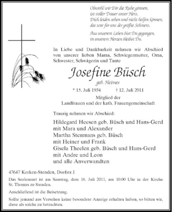 Traueranzeige von Josefine Büsch von Rheinische Post