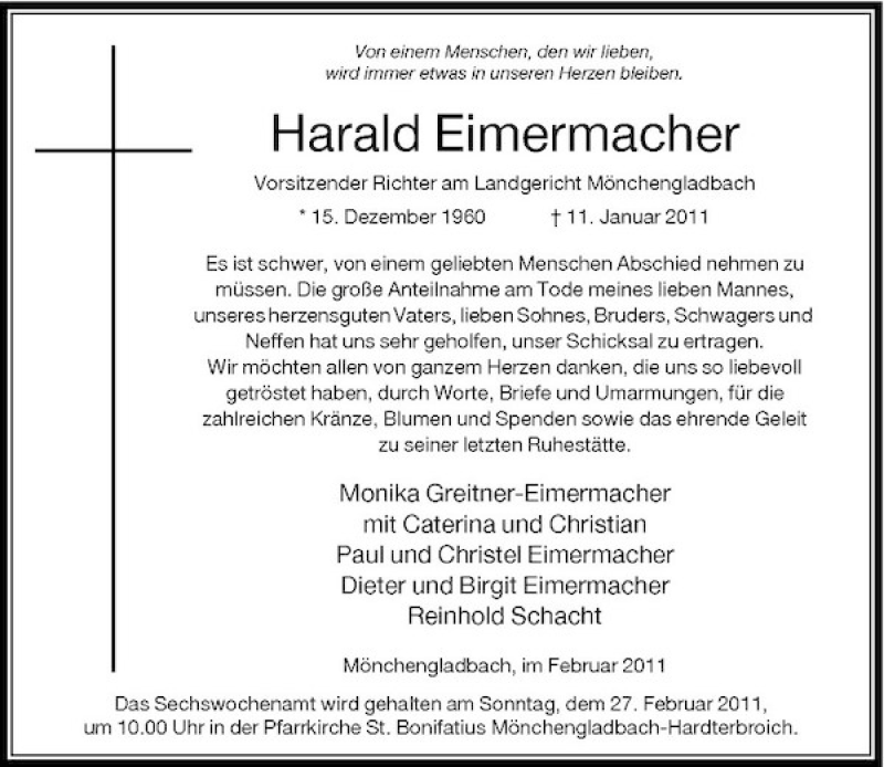  Traueranzeige für Harald Eimermacher vom 19.02.2011 aus Rheinische Post