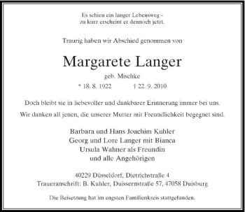 Traueranzeige von Margarete Langer von Rheinische Post