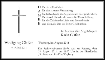 Traueranzeige von Wolfgang Claßen von Rheinische Post