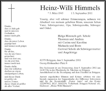 Traueranzeige von Heinz-Willi Himmels von Rheinische Post