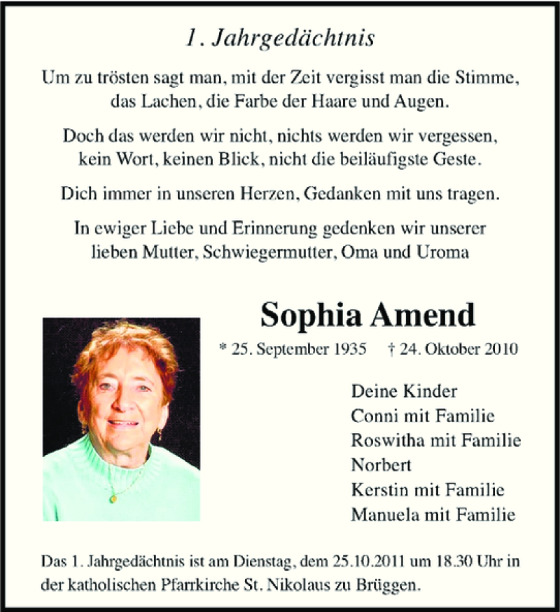 Alle Traueranzeigen Für Amend Sophia | Trauer.rp-online.de