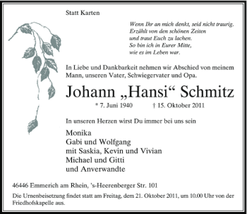 Traueranzeige von Hansi Schmitz Johann von Rheinische Post