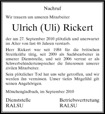 Traueranzeige von Ulrich (Uli) Rickert von Rheinische Post