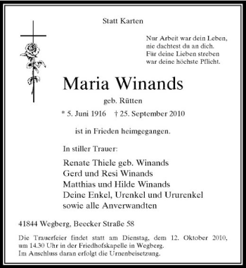 Traueranzeige von Maria Winands von Rheinische Post