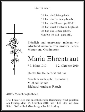 Traueranzeige von Maria Ehrentraut von Rheinische Post