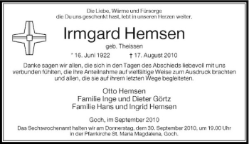 Traueranzeige von Irmgard Hemsen von Rheinische Post